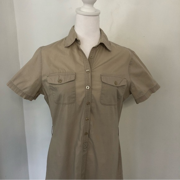 PATPRIMO Women’s Beige 1/2 Button Up Short Sleeve Midi Dress Sz 8 - Picture 2 of 10